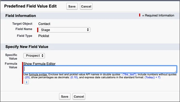 A screenshot of the predefined value for the Stage field