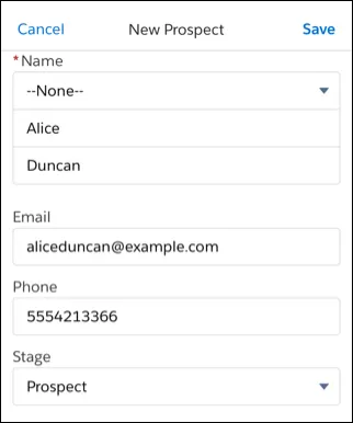 Salesforce モバイルアプリケーションの見込み客の詳細のスクリーンショット