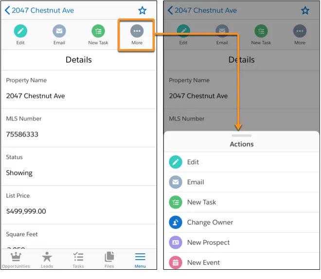 A barra de ação e o menu de ação no aplicativo móvel Salesforce