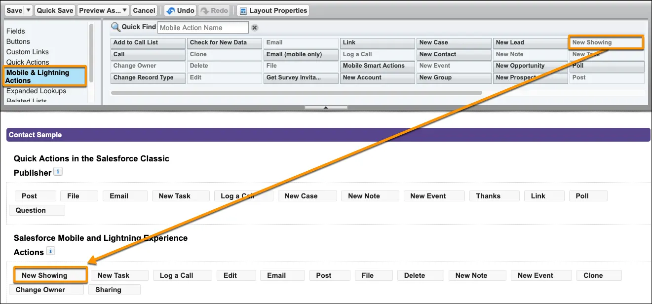 A screenshot of the New Showing action in the Salesforce1 section of the contact page layout