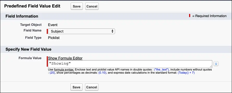 A screenshot of the predefined value for the Subject field