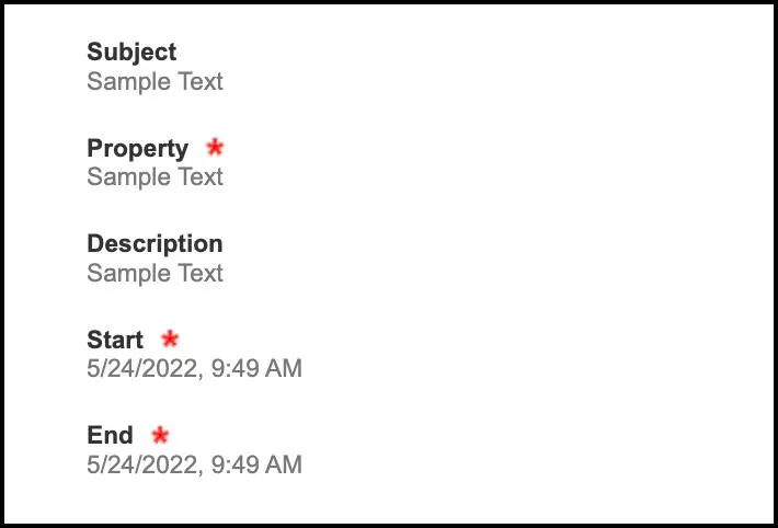 A screenshot of the new action's layout with 5 fields in a single column