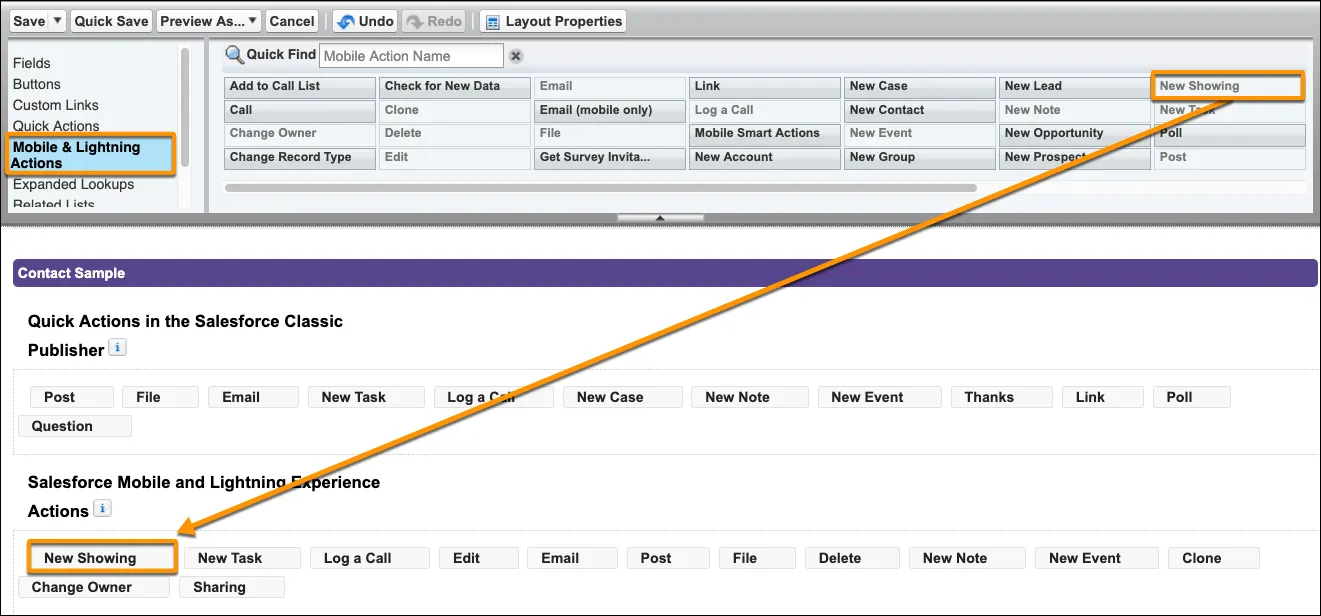 Screenshot der Aktion 'Neue Besichtigung' im Abschnitt 'Salesforce1' des Kontaktseitenlayouts