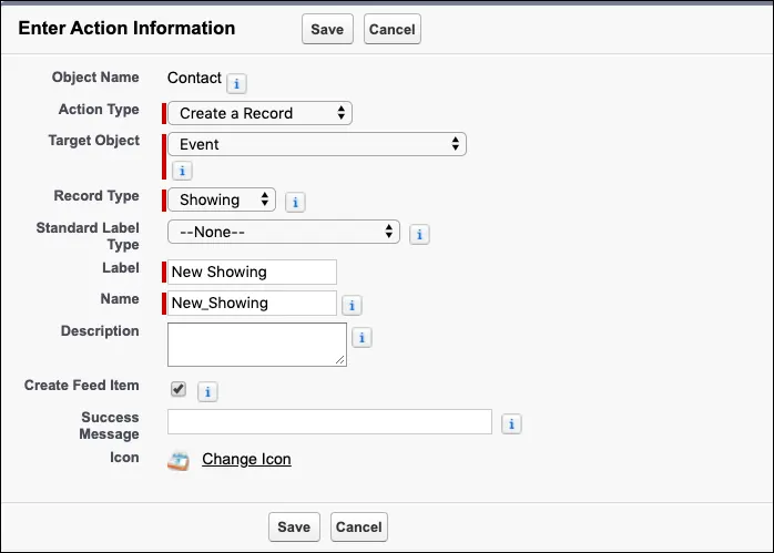 Screenshot der Details der neuen Aktion