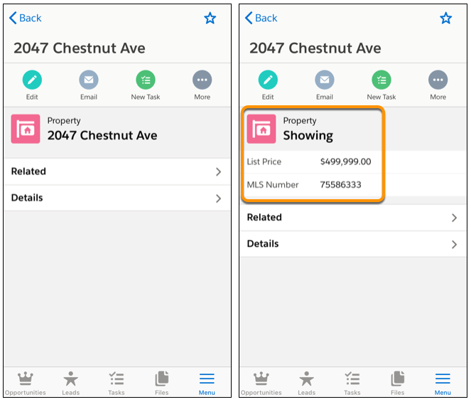 A comparison showing new information in a compact layout added to a record page 