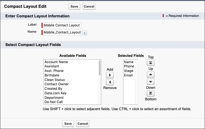 A screenshot of the selected fields for the contact compact layout