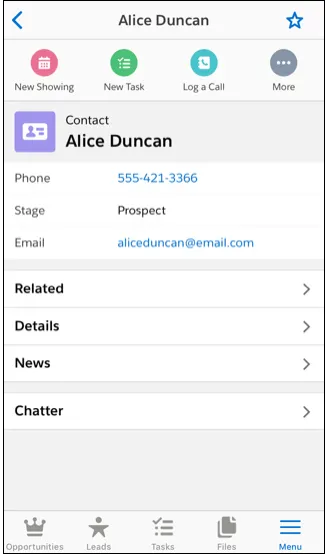 The contact record page shows key details