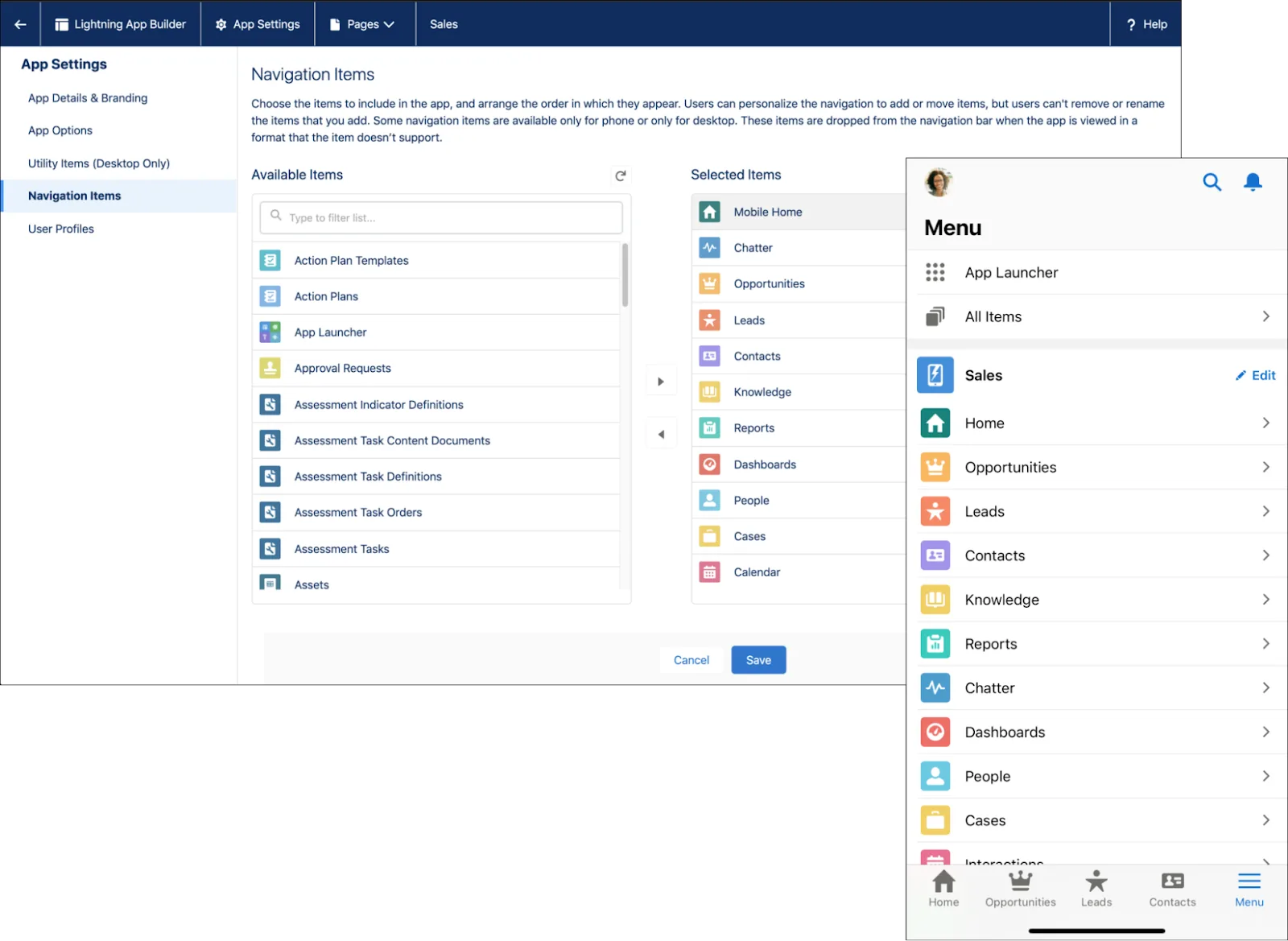Lightning App Builder navigation items with the mobile menu for comparison.