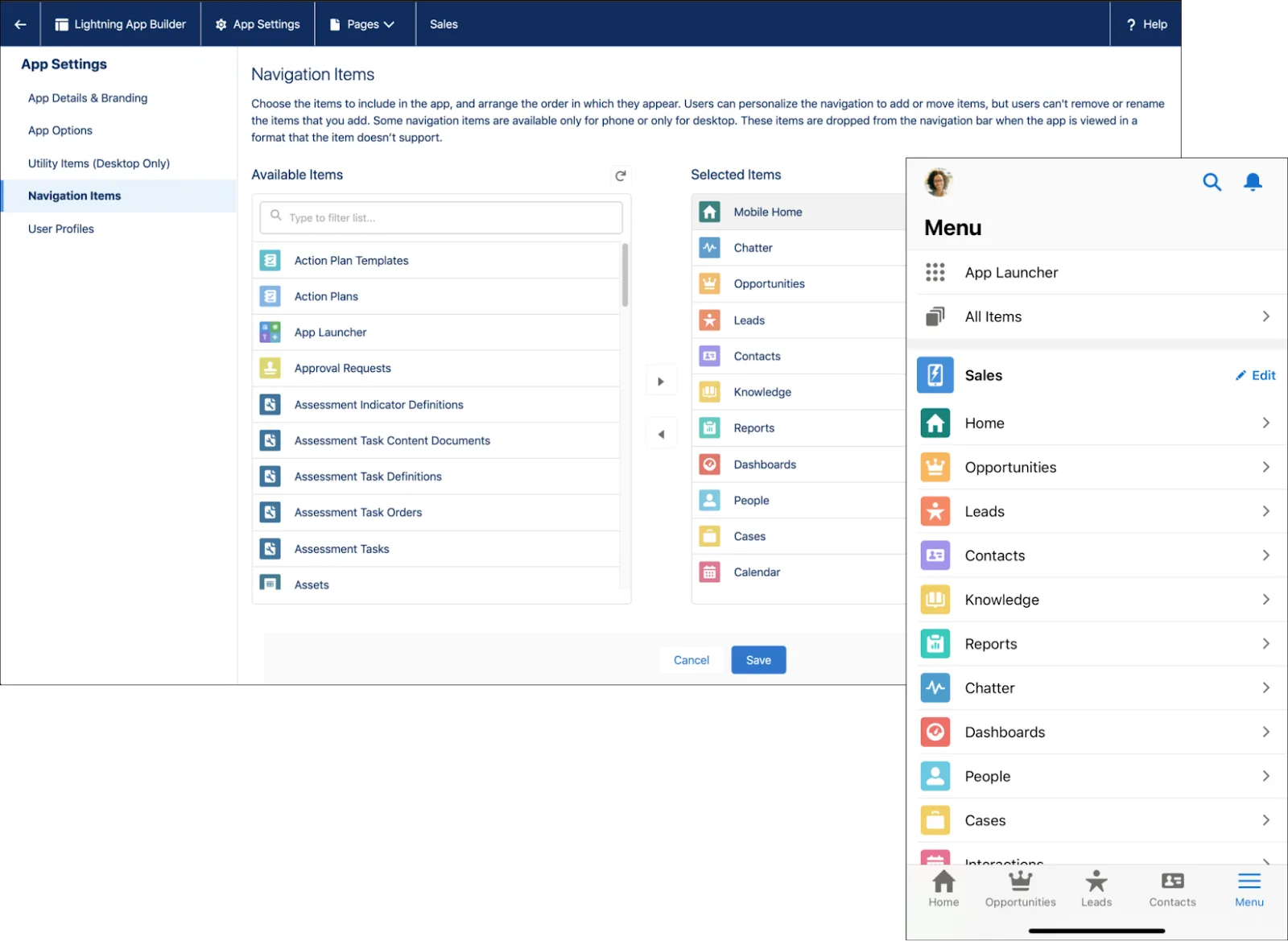 Le voci di navigazione di Lightning App Builder (Generatore di app Lightning) con il menu mobile per un confronto.
