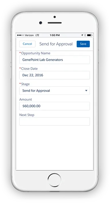 A screenshot of an opportunity update in Salesforce1