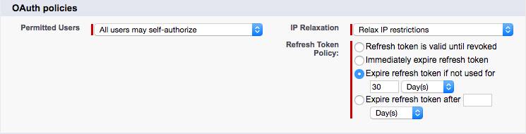 Captura de tela das políticas de OAuth em aplicativos conectados