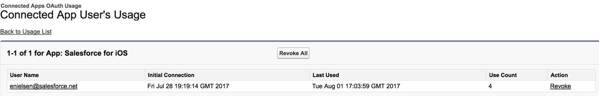 Screenshot of the connection history for a connected app