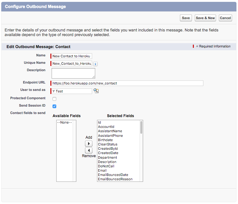 Screenshot of the Configure OUtbound Messaging dialog, showing the message named New Contact to Heroku