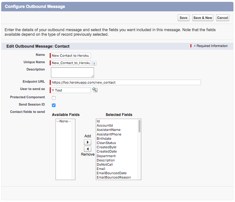 Configure OUtbound Messaging对话框的屏幕截图，显示名为New Contact to Heroku的消息