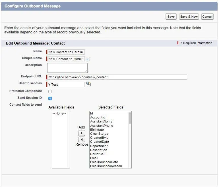 Screenshot of the Configure OUtbound Messaging dialog, showing the message named New Contact to Heroku