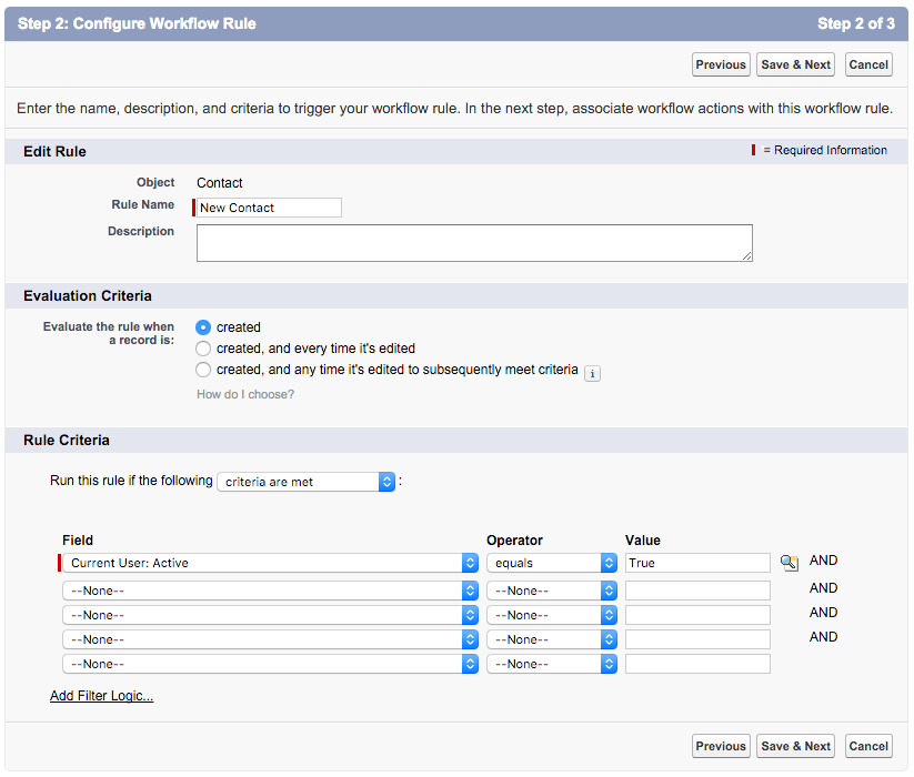 Screenshot of the Configure Workflow Rule dialog showing that the rule name should be New Contact