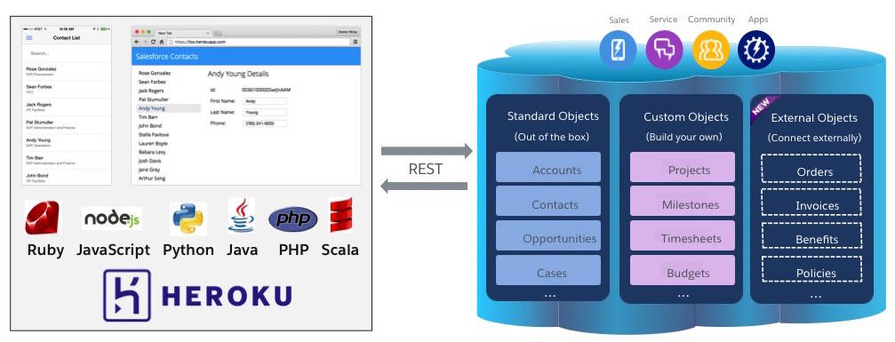 Image showing a connection between the objects in Salesforce to Heroku through a REST interface