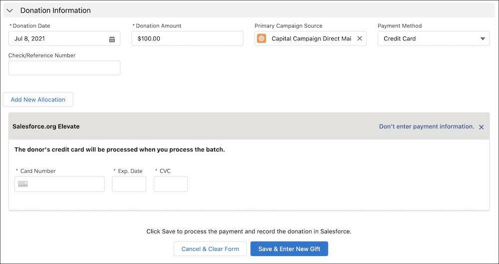 Donation Information and the Salesforce.org Elevate payment element in a batch in Gift Entry