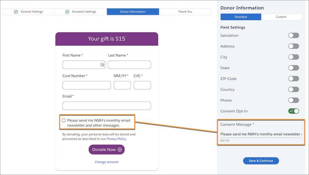 The Donor Information settings with Consent Message selected