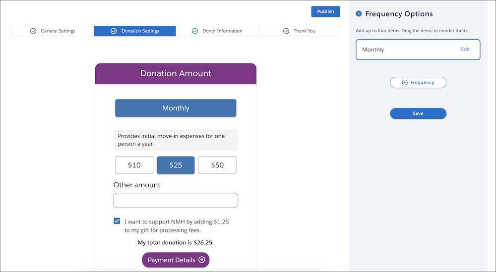 New donation settings with only the Monthly frequency available to donors