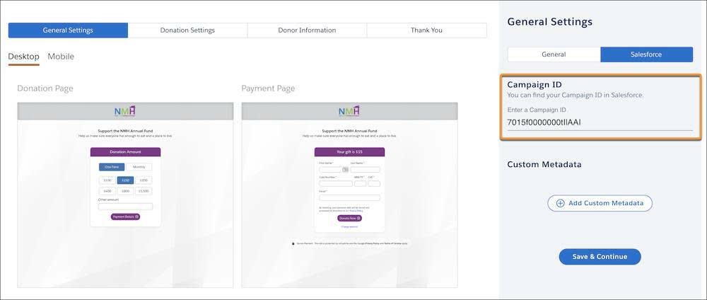 Salesforce Giving Page General Settings in Elevate with Campaign ID section highlighted