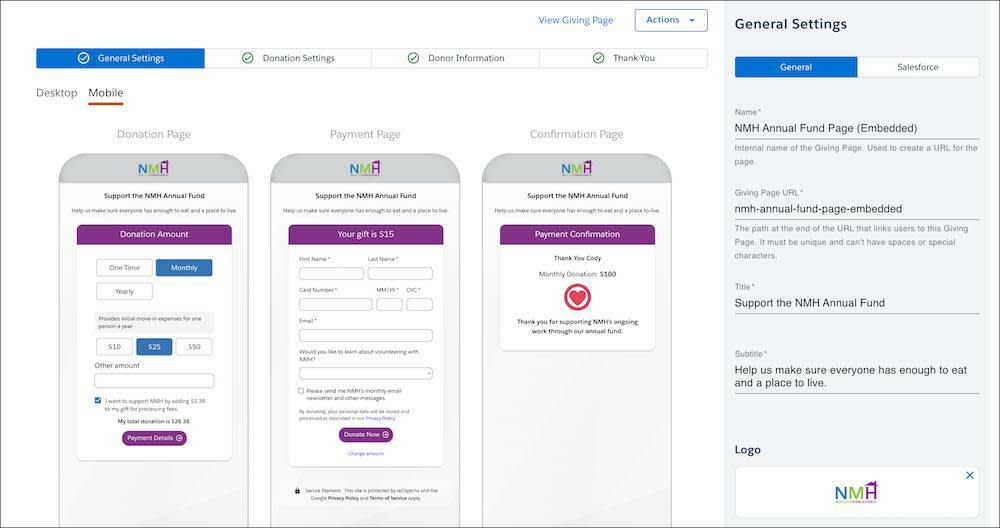 Mobile previews of the Giving Page in Elevate