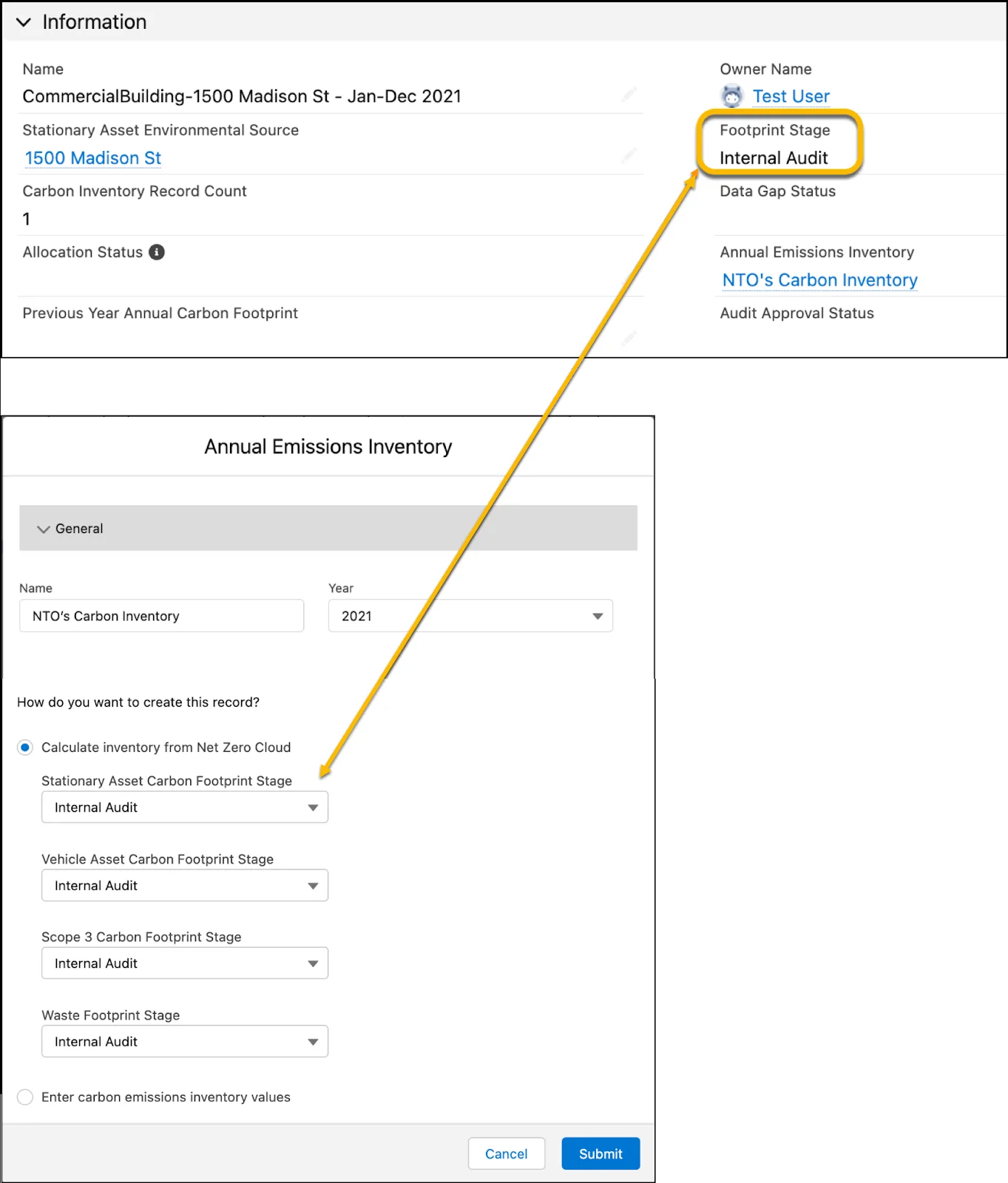 Footprint Stage information on a Stationary Asset Carbon Footprint record matching the Carbon Footprint Stage specified during inventory creation.