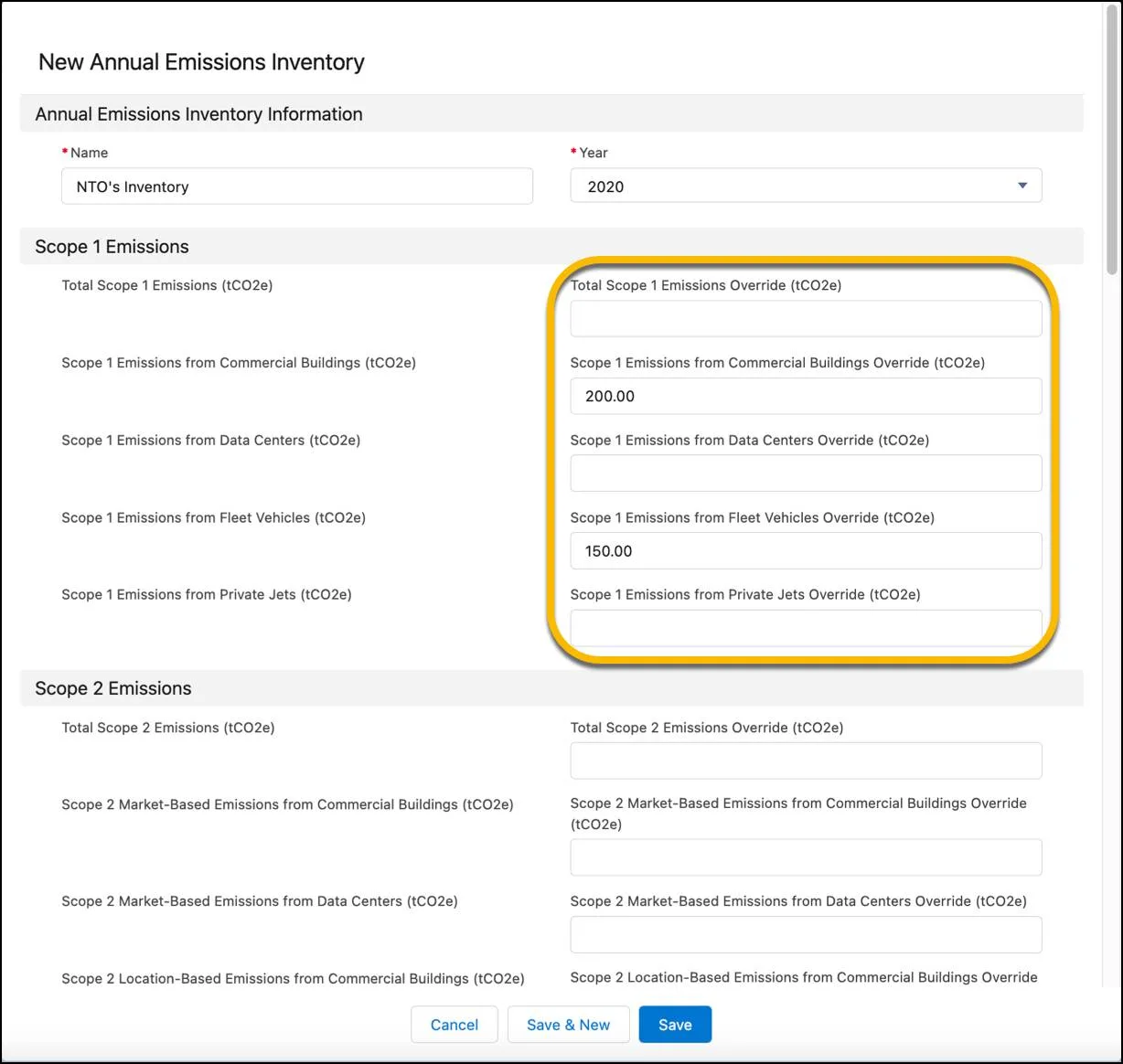 New Annual Emissions Inventory record creation with manual entry of emissions data.