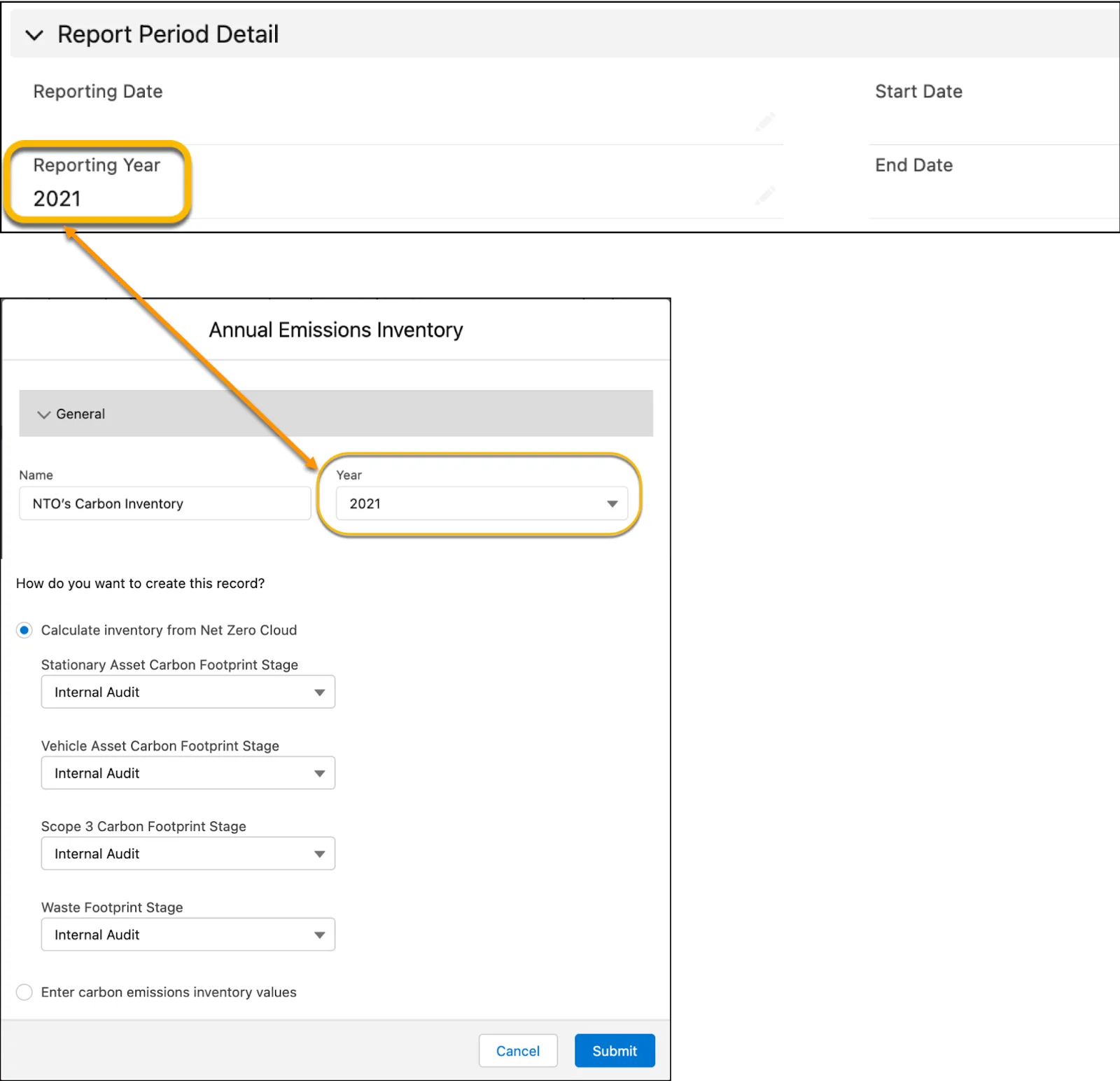 Reporting year information on a Stationary Asset Carbon Footprint record matching the Year specified during inventory creation.