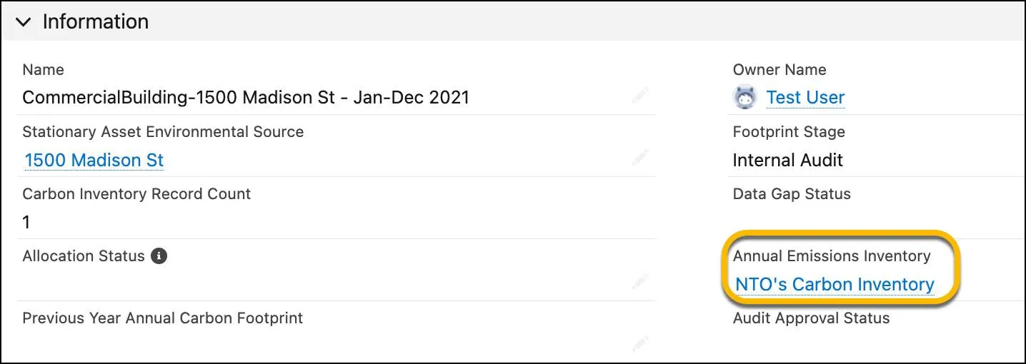 Annual emissions inventory information on a Stationary Asset Carbon Footprint record.