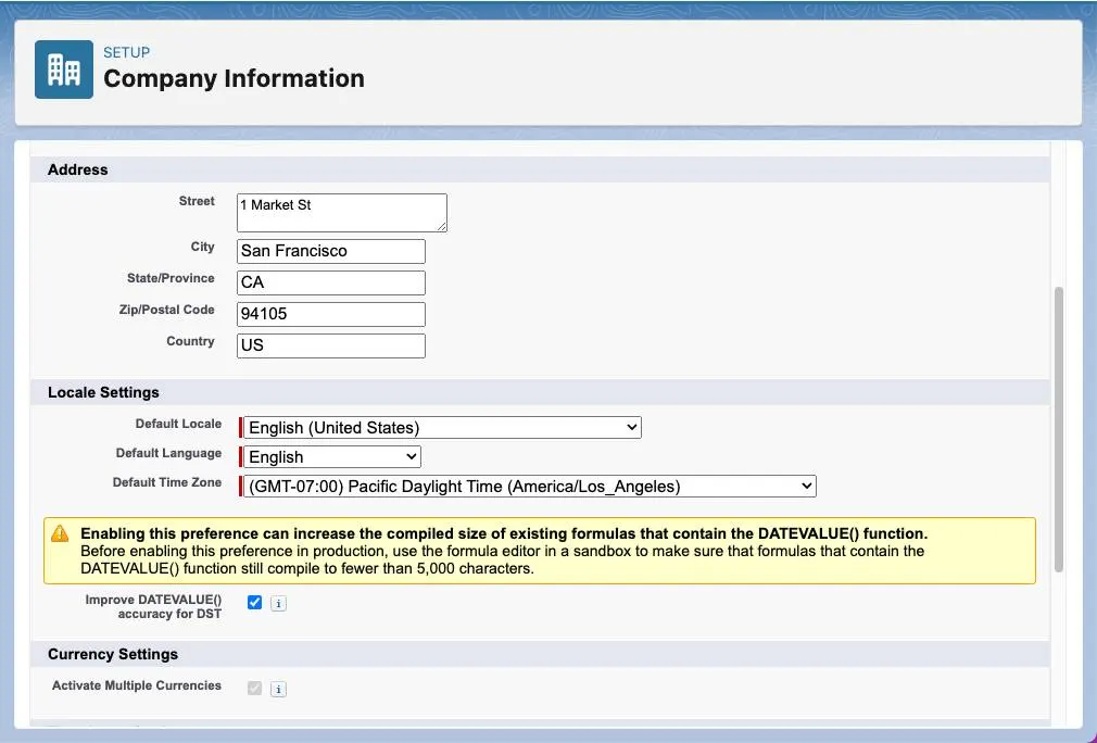 Active las divisas múltiples en la configuración Company Information (Información de la compañía) de la organización.