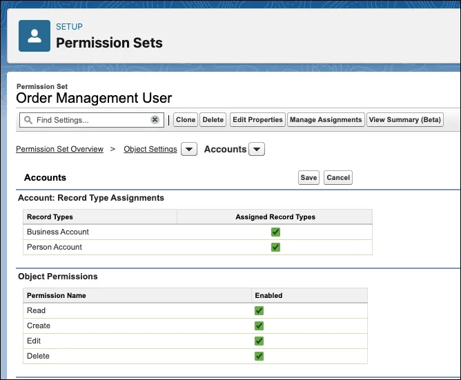 Crie o conjunto de permissões que controla o acesso dos usuários do Order Management: Gerente de operações do Order Management