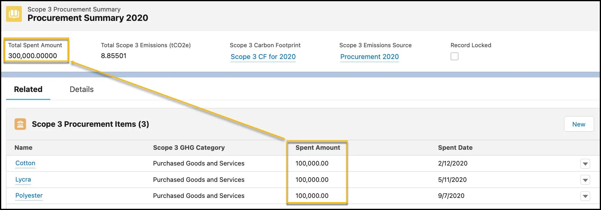 List of Scope 3 Procurement Items with the Total Spent Amount and Spent Amount for each item