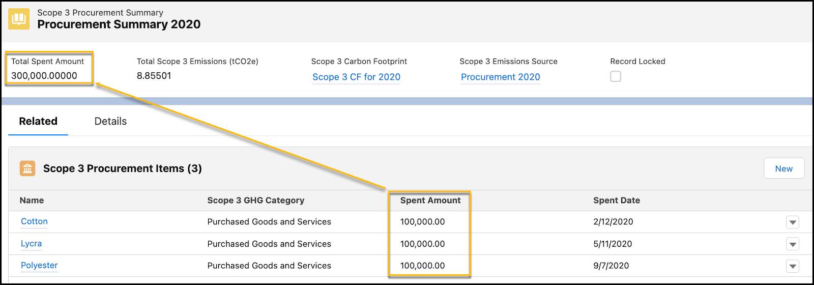 List of Scope 3 Procurement Items with the Total Spent Amount and Spent Amount for each item