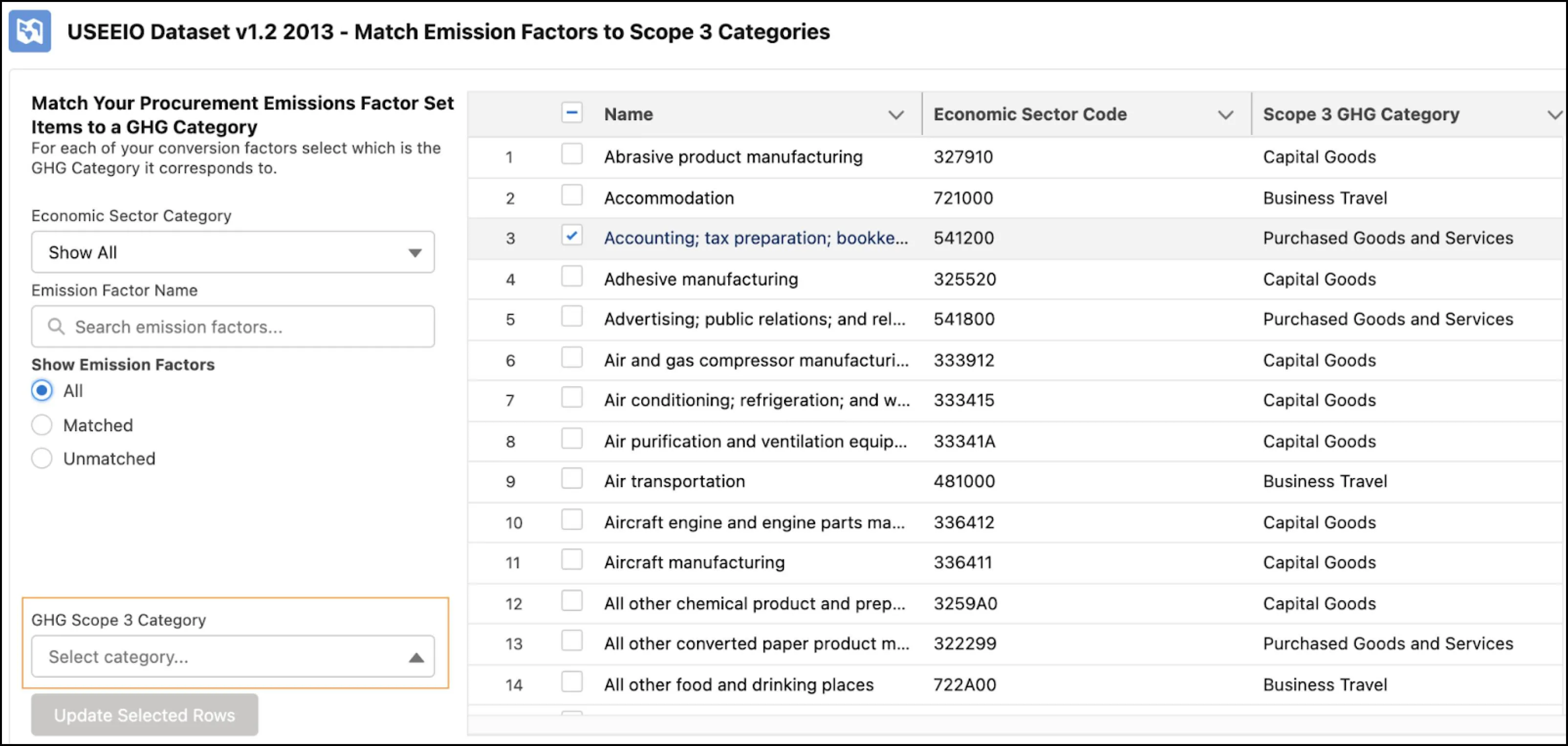 Match Emissions Factors to Scope 3 Categories page