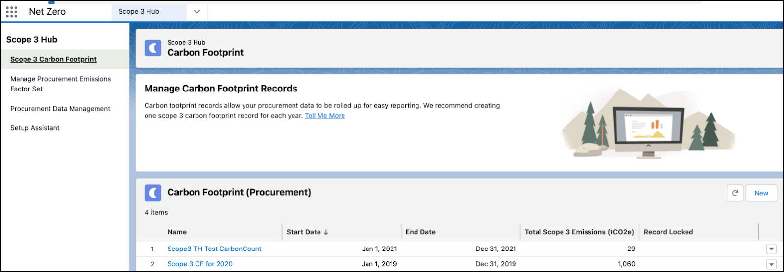Manage Carbon Footprint Records page