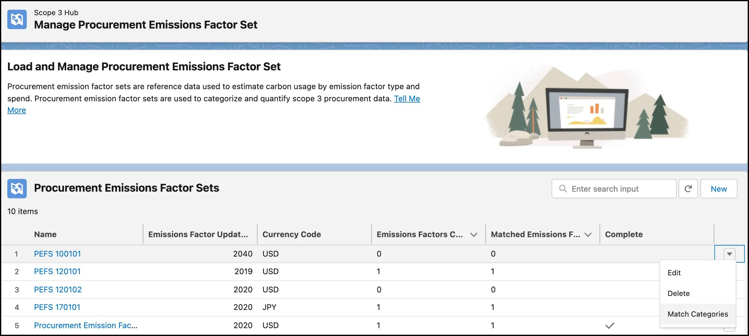 Manage Procurement Emissions Factor Set page