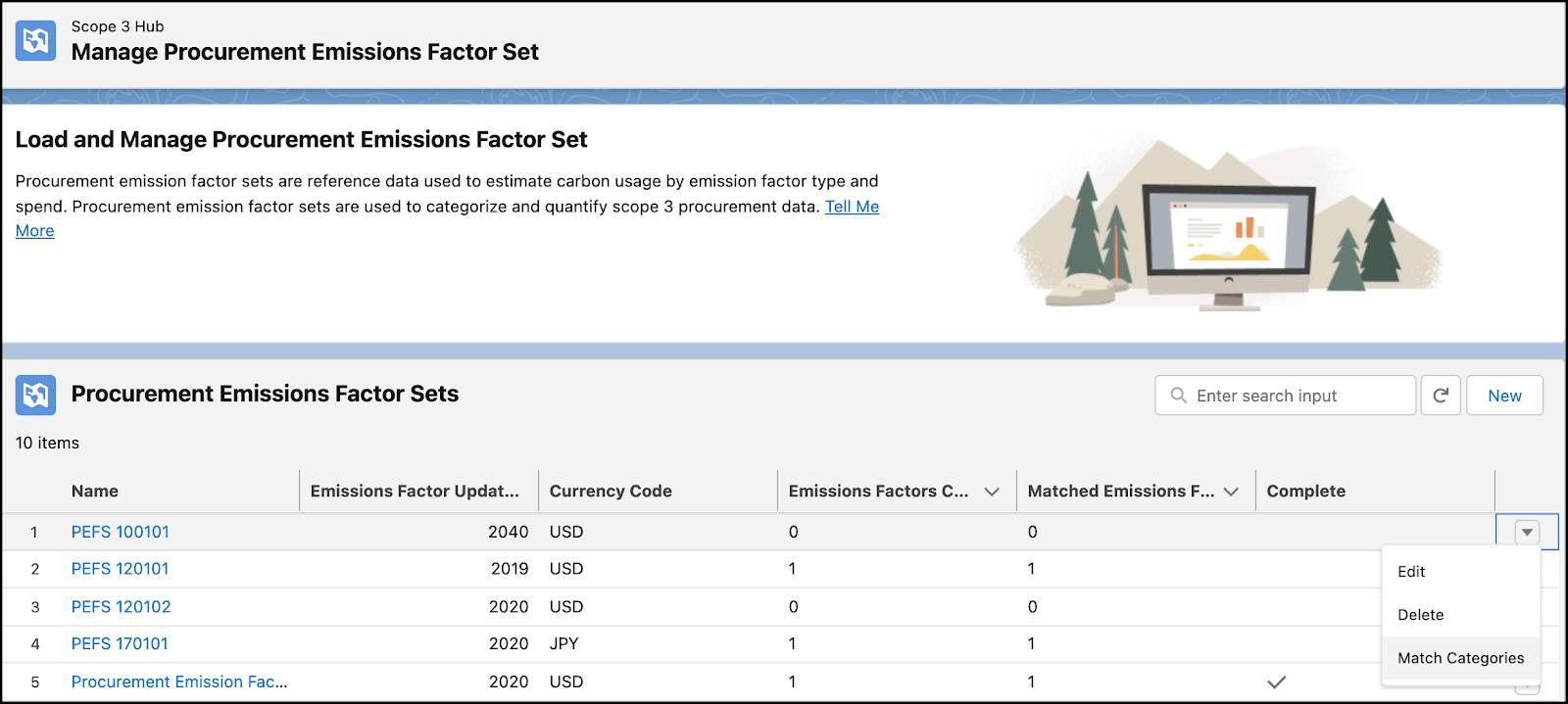 Manage Procurement Emissions Factor Set page