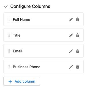 The Configure Columns section of the Data Tables sidebar, corresponding to the preceding steps.