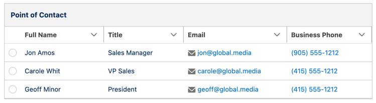 The Data Table component with contact rows and columns for title, email, and business phone as shown to running users.