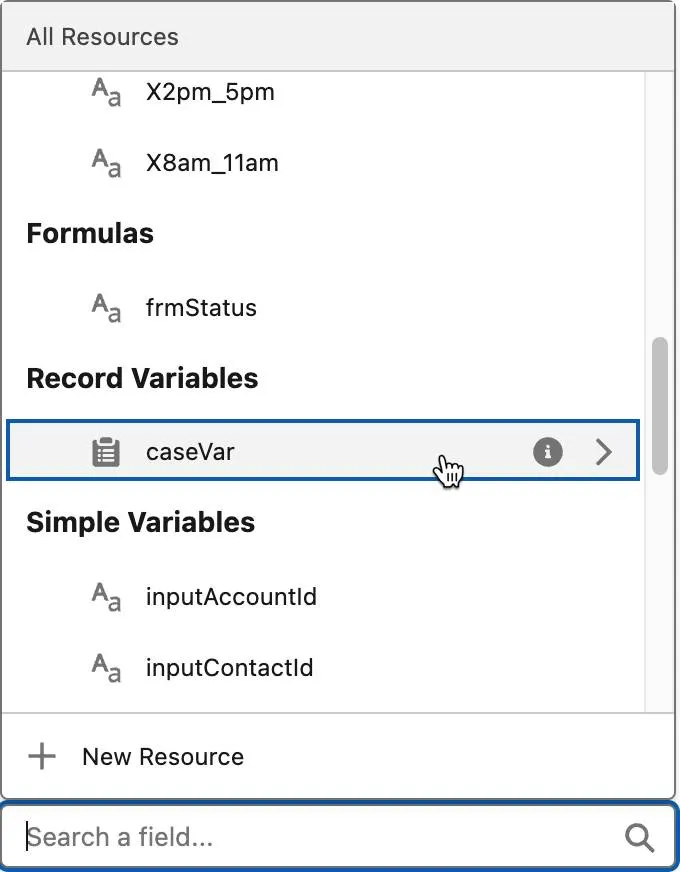La lista de valores en un elemento de datos muestra caseVar en Variables de registro.