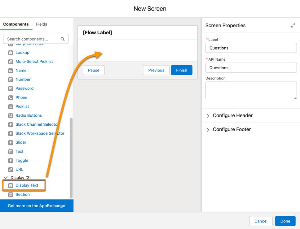 The Display Text component at the bottom of the Components list and an empty screen canvas.