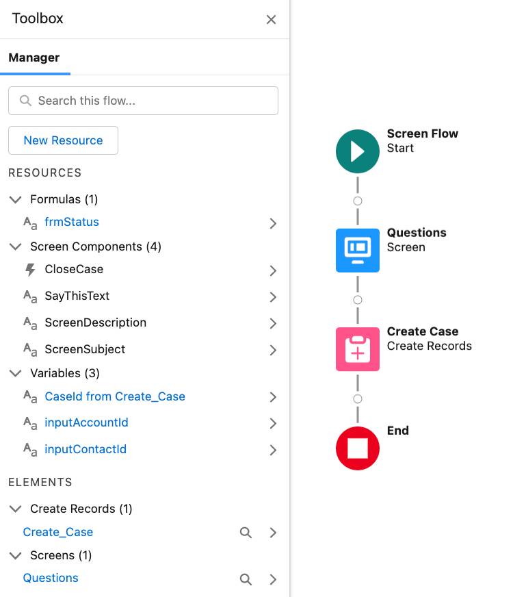 The Toolbox and Flow Builder canvas, corresponding to the preceding steps.