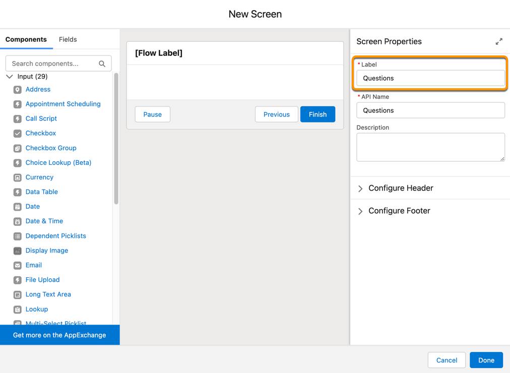 The New Screen window's Screen Properties pane corresponding to the preceding steps.