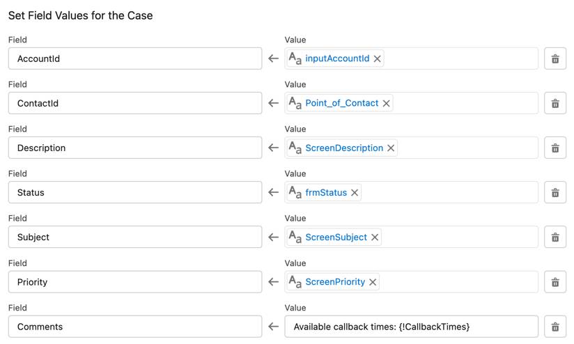 The Set Field Values for the Case section corresponding to the preceding steps.