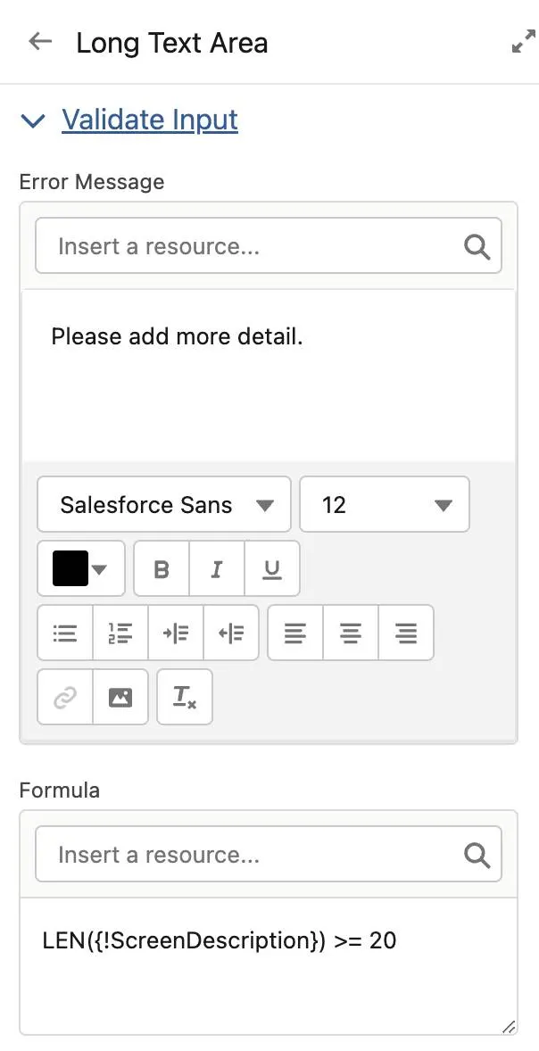 The sidebar’s Validate Input section, with settings corresponding to the preceding steps.