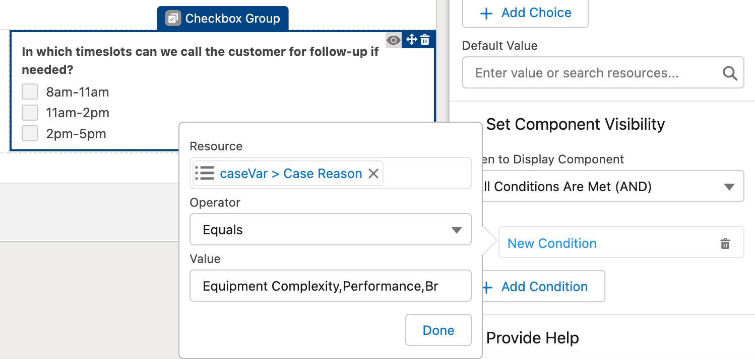 The New Condition pop-up in the sidebar’s Set Component Visibility section, with settings corresponding to the preceding steps.