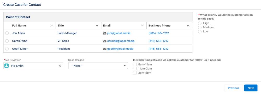 The Questions Page 2 screen when the Create Case for Contact flow runs.