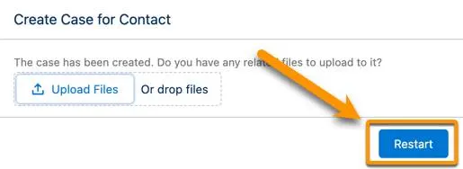 O botão na tela File Upload (Carregamento de arquivos) com o rótulo Restart (Reiniciar). Não há um botão com o rótulo Previous (Anterior).