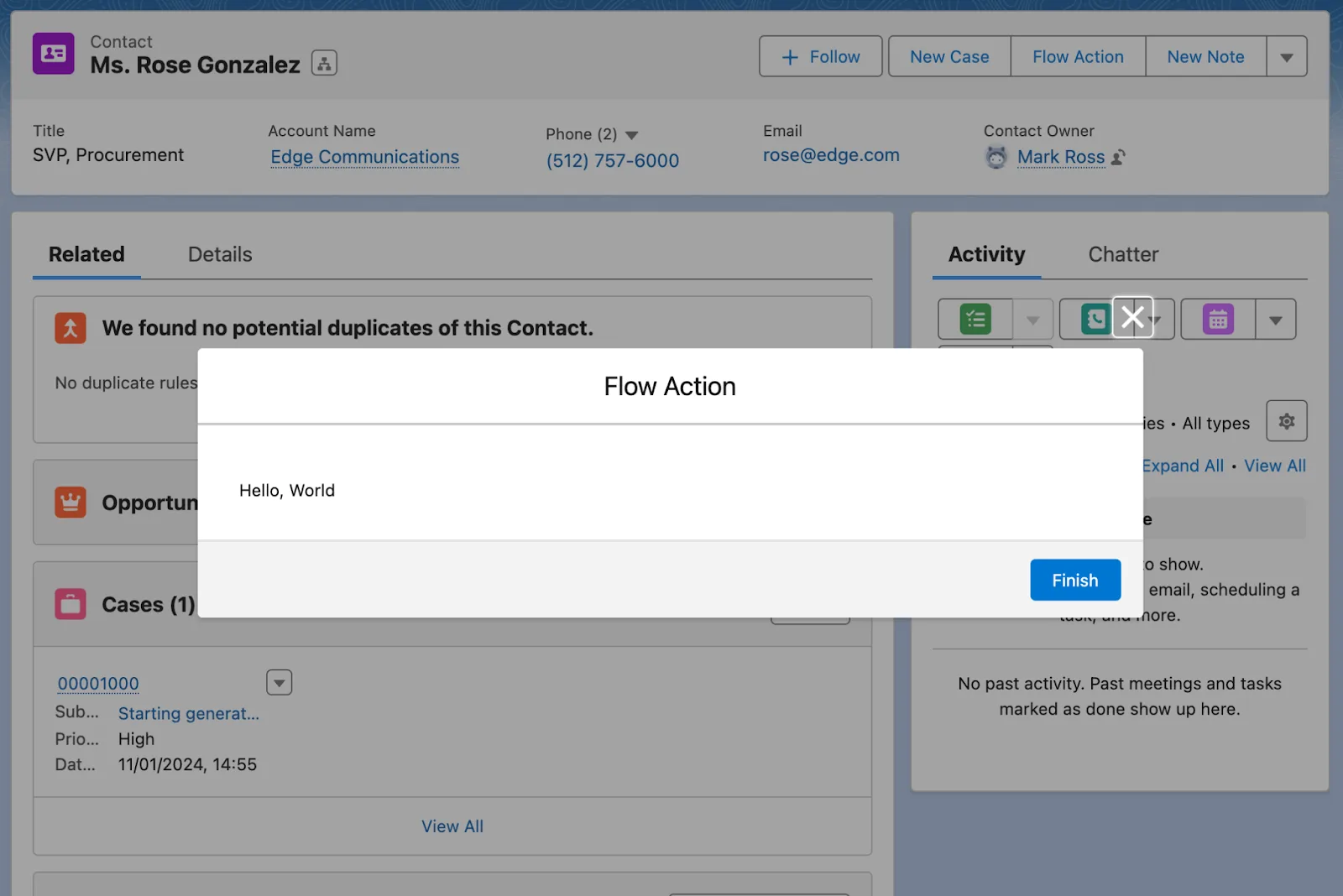 A Flow Action modal over the contact record for Ms. Rose Gonzalez. The modal’s title is Flow Action, and it’s displaying the Sample Flow flow.